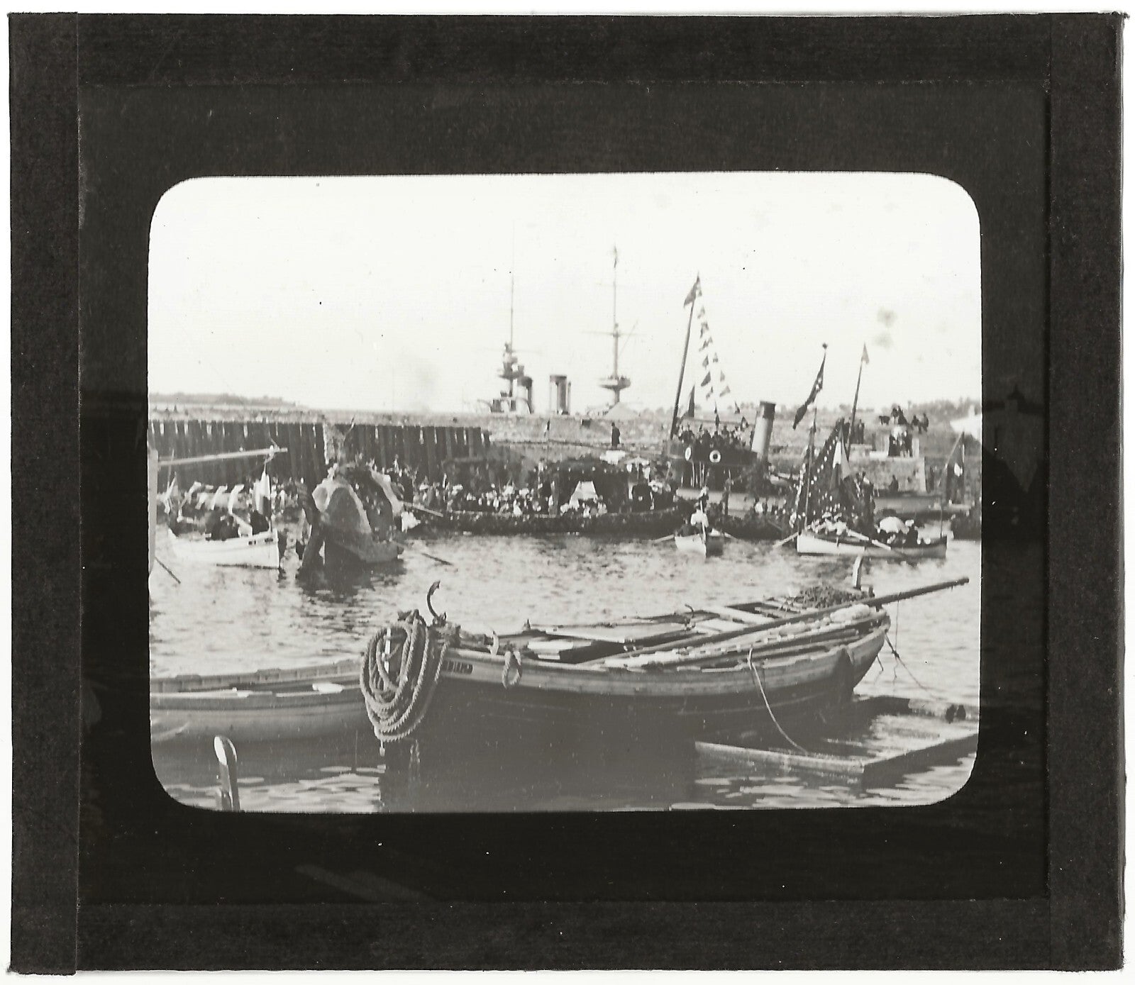 Fête port, bateau, mer, photo ancienne plaque de verre, positif 8,5x10 cm