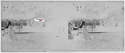 Famille, jardin, Plaque verre photo stéréo, négatif noir & blanc 4,5x10,7 cm