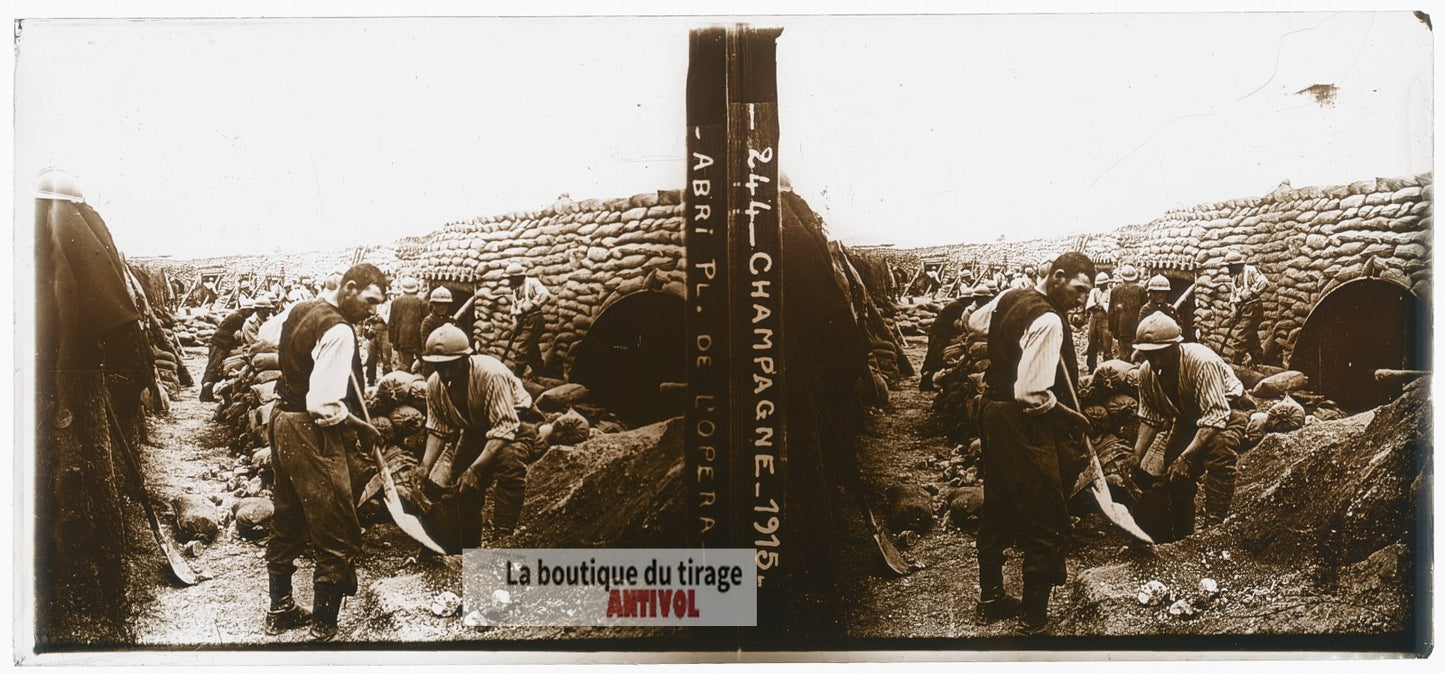Abri de la “Place de l’Opéra", WW1, plaque verre photo ancienne stéréo 6x13 cm