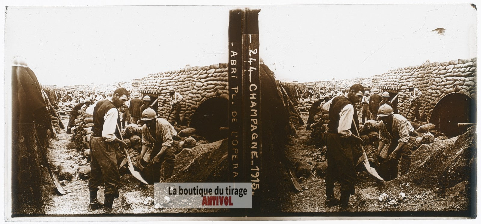 Abri de la “Place de l’Opéra", WW1, plaque verre photo ancienne stéréo 6x13 cm