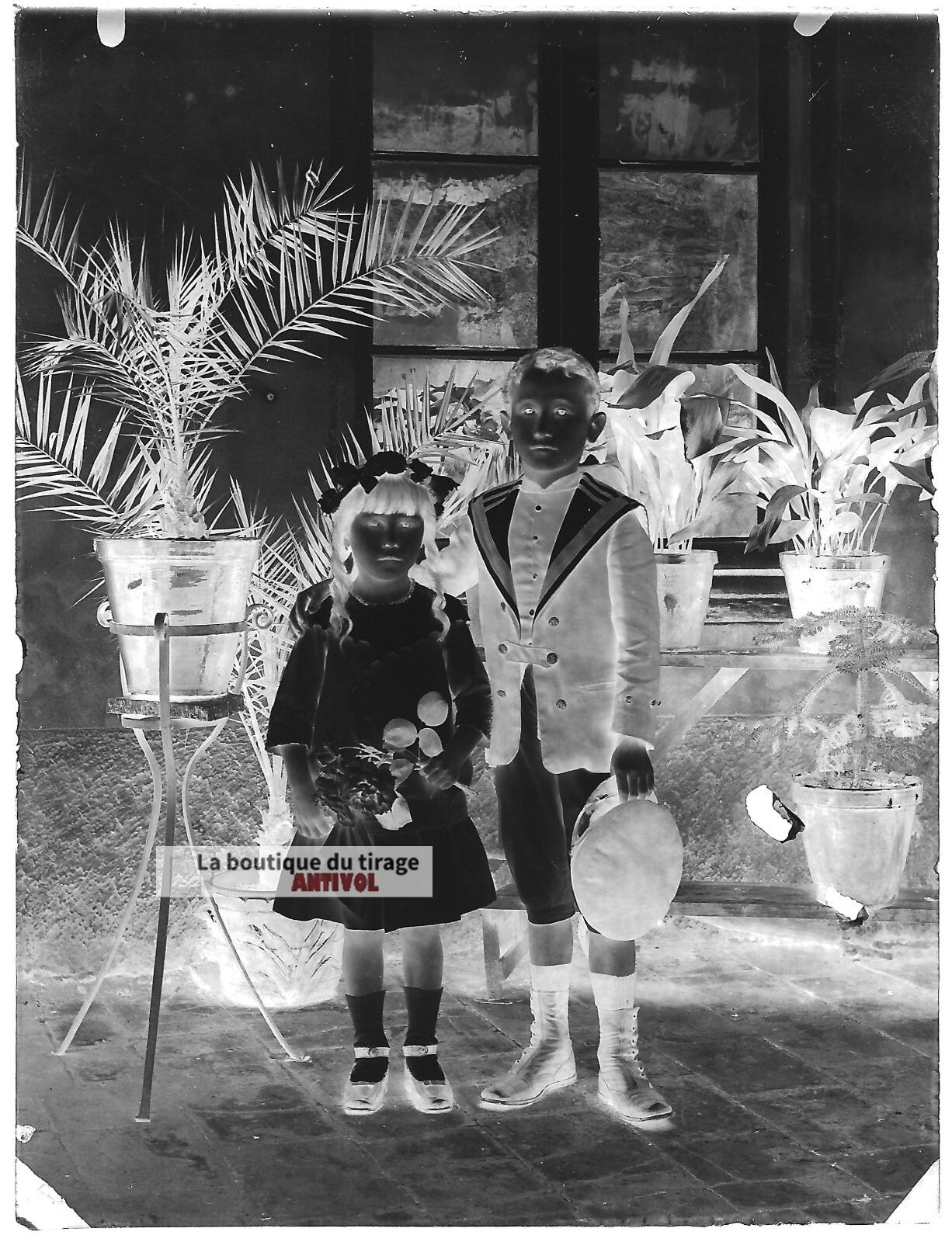 Plaque verre photo ancienne négatif noir et blanc 9x12 cm enfants vintage France