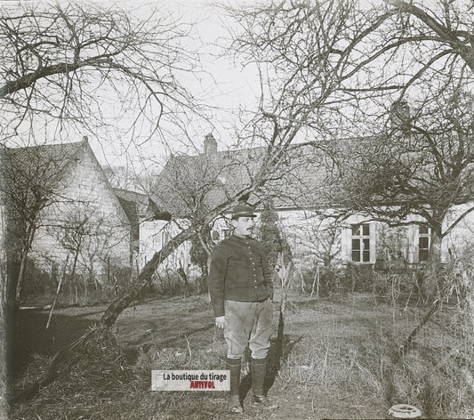 Soldat français, guerre WW1, plaque verre photo ancienne stéréo 6x13 cm