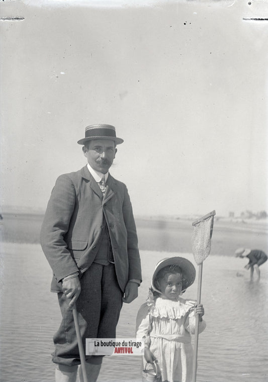 Père et fillette, Berck-sur-Mer, plaque verre photo ancienne, négatif 9x12 cm