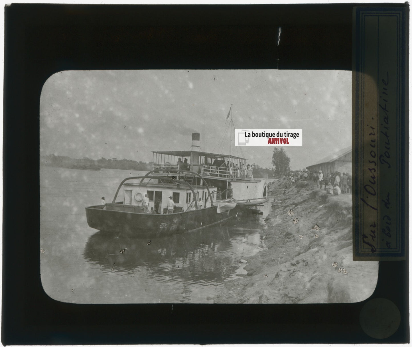 Oussouri, bateau, Russie, photo plaque verre, noir & blanc, positif 8,5x10 cm