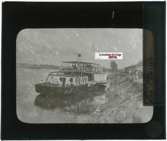 Oussouri, bateau, Russie, photo plaque verre, noir & blanc, positif 8,5x10 cm