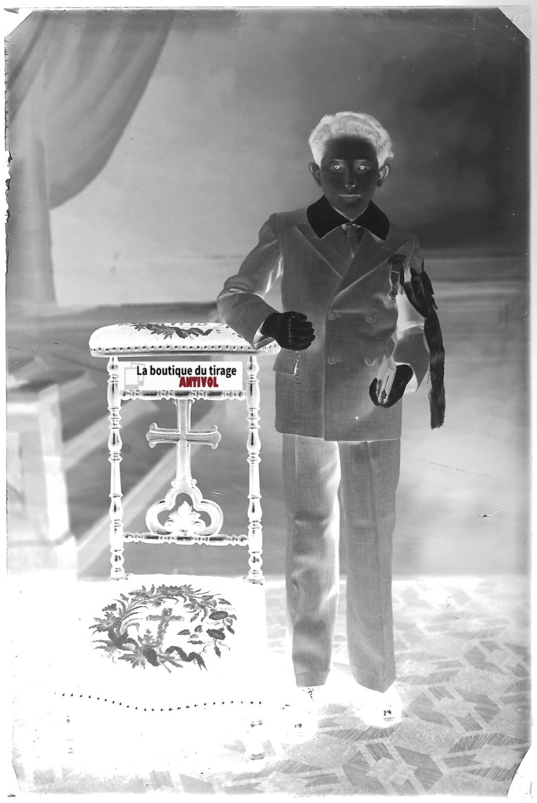 Communion, enfant, Plaque verre photo, négatif noir & blanc 10x15 cm France