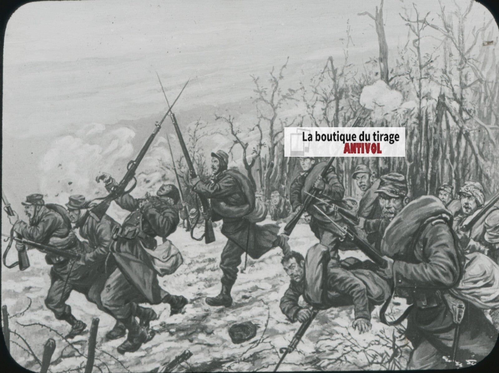 Dessin, Champagne guerre 14-18, plaque verre, noir & blanc, positif 8,5x10 cm