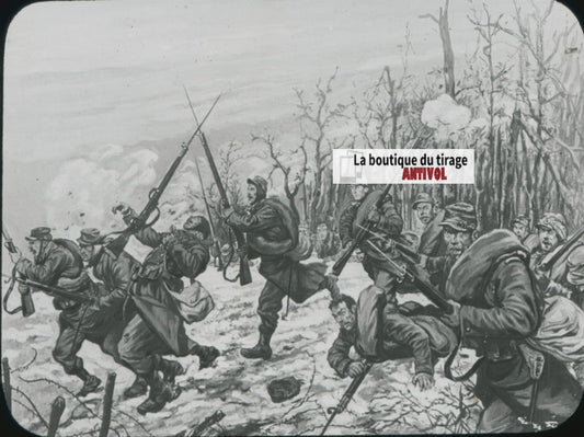 Dessin, Champagne guerre 14-18, plaque verre, noir & blanc, positif 8,5x10 cm