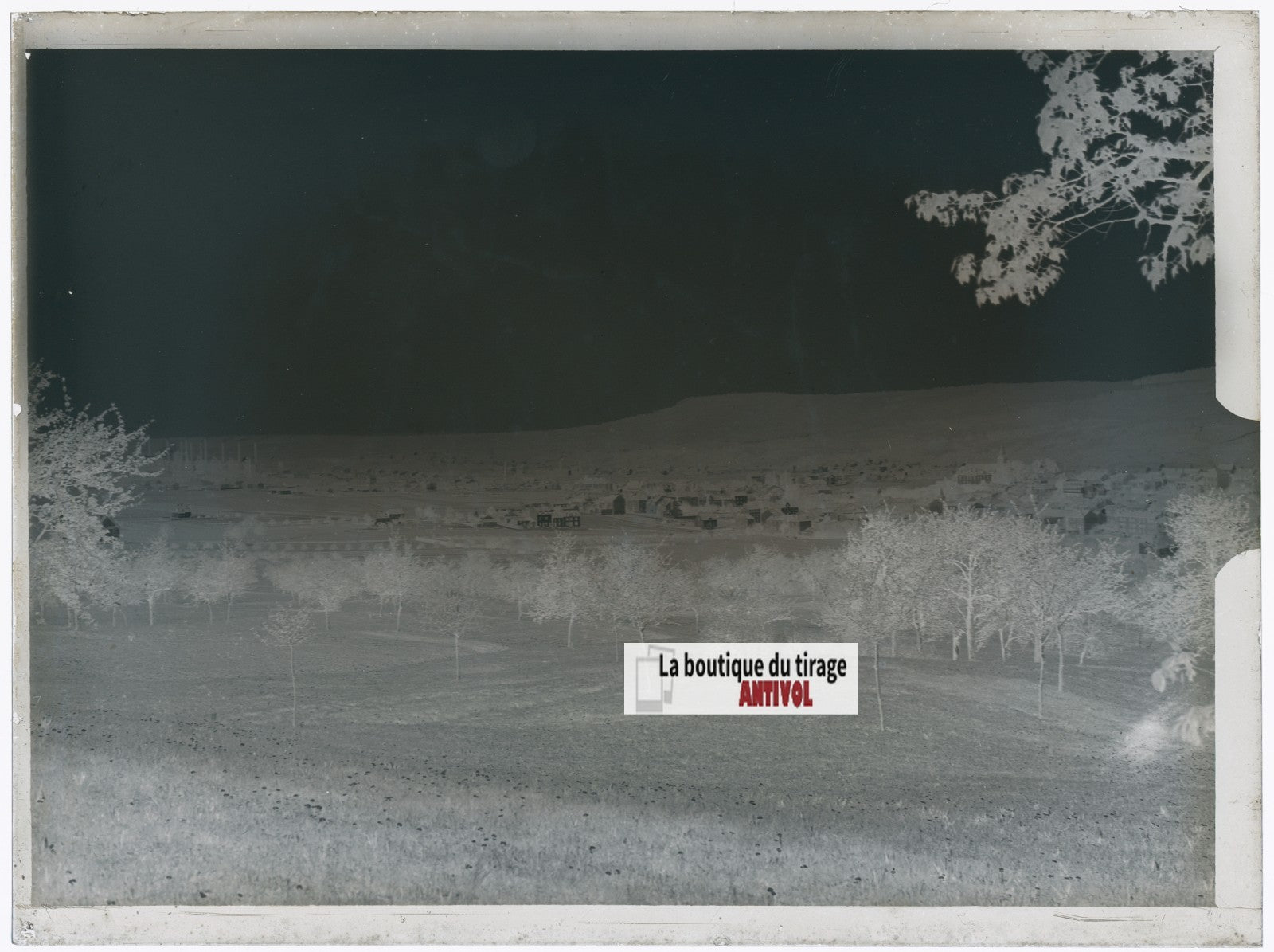 Paysage, village, photo ancienne plaque verre, négatif noir & blanc, 9x12 cm