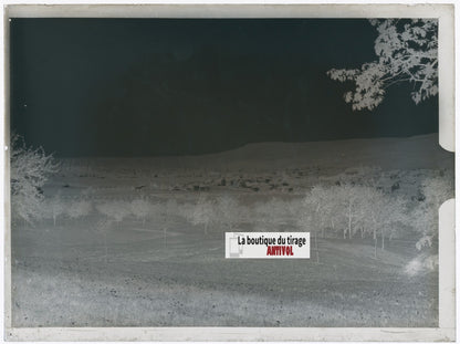 Paysage, village, photo ancienne plaque verre, négatif noir & blanc, 9x12 cm