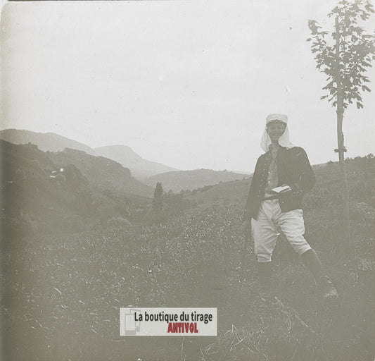 Promeneur montagne, paysage, plaque verre stéréo, photo ancienne 4,5x10,7 cm