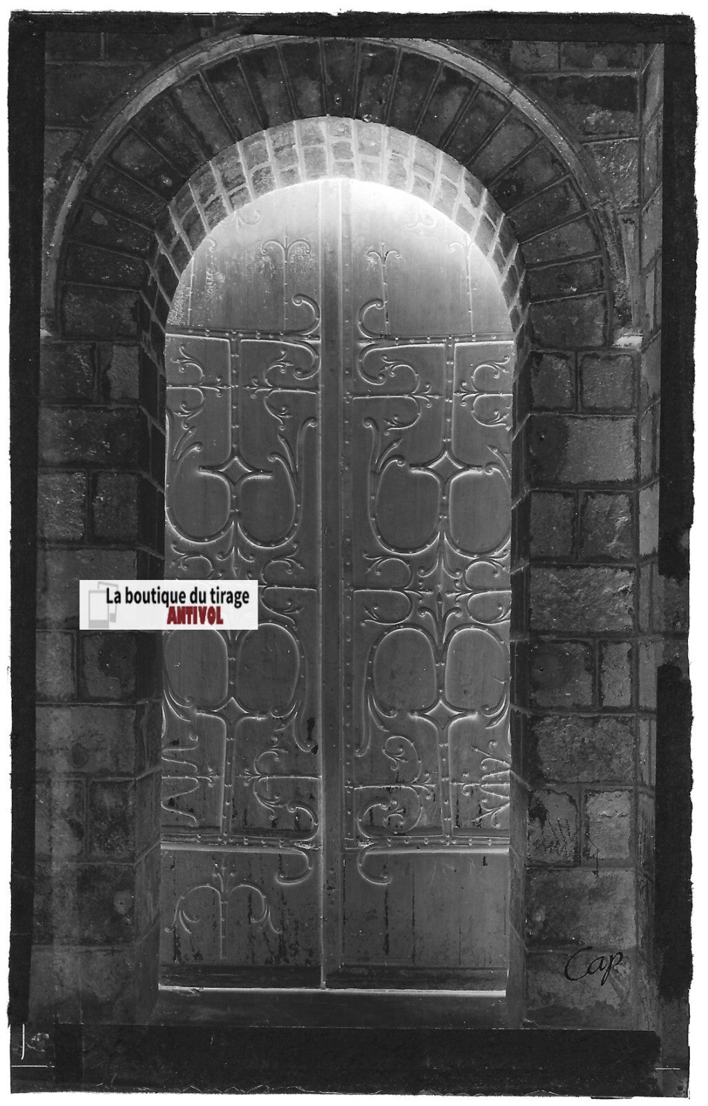 Plaque verre photo négatif noir & blanc 9x14 cm Orcival, porte Basilique 0914047