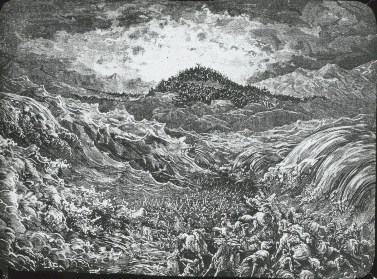 Armée mer Rouge, Bible de Doré, dessin, plaque verre, positif 8,5x10 cm