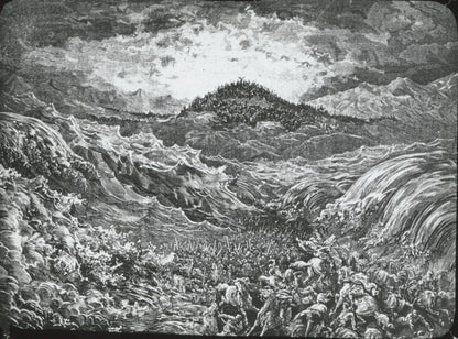 Armée mer Rouge, Bible de Doré, dessin, plaque verre, positif 8,5x10 cm