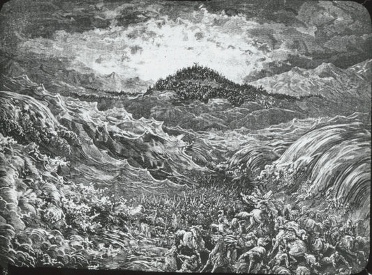 Armée mer Rouge, Bible de Doré, dessin, plaque verre, positif 8,5x10 cm