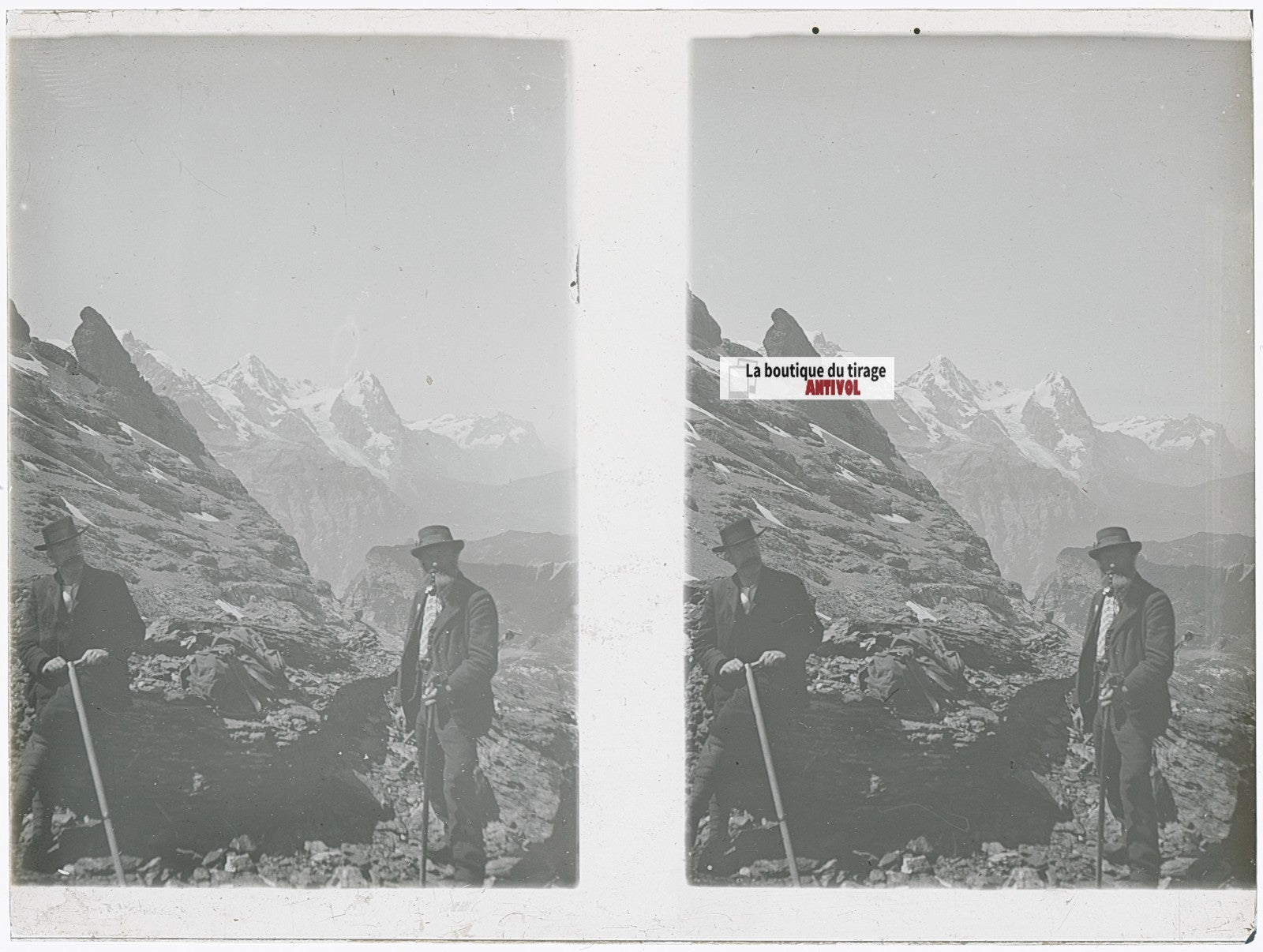 Alpinistes, Alpes suisses, stéréo photo plaque verre, noir & blanc, 9x12 cm