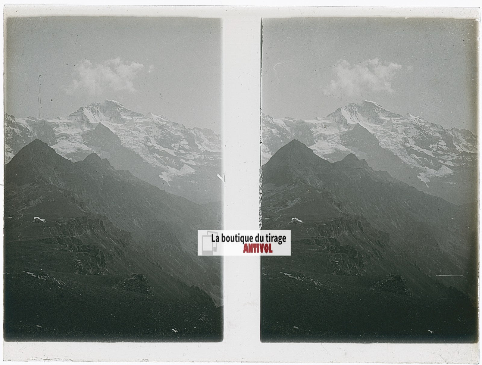 La Jungfrau et le Silberhorn, stéréo photo plaque verre, noir & blanc, 9x12 cm