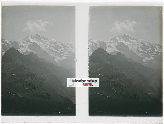 La Jungfrau et le Silberhorn, stéréo photo plaque verre, noir & blanc, 9x12 cm