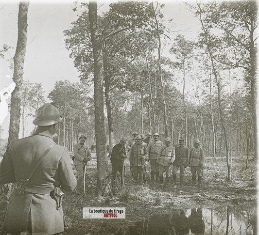 Officiers français, guerre WW1, plaque verre photo ancienne stéréo 6x13 cm