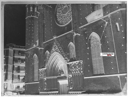 Barcelone, église, Plaque verre photo ancienne, négatif noir & blanc 9x12 cm