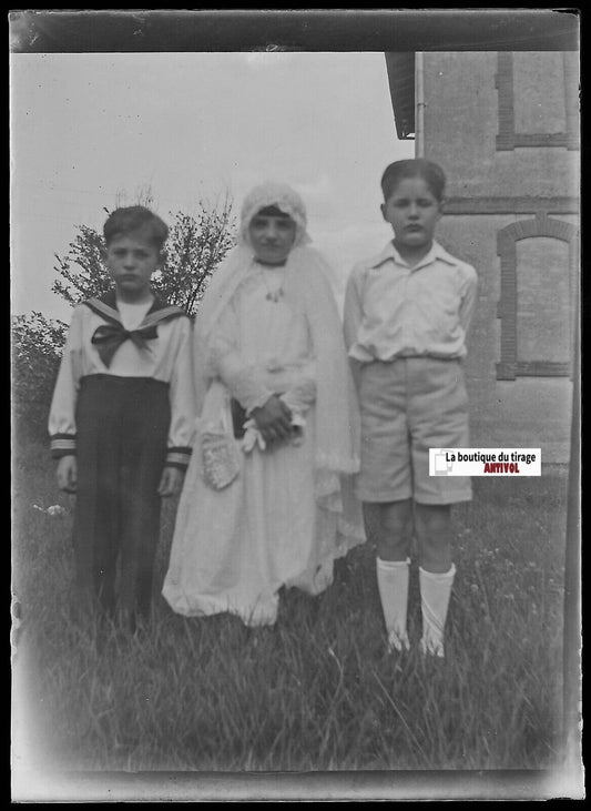 Enfants, famille, Plaque verre photo ancienne, négatif noir & blanc 6x9 cm