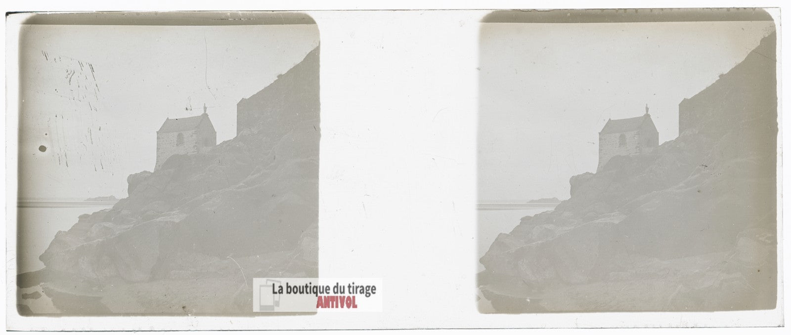 Mont-Saint-Michel, chapelle rocher, plaque verre stéréo, photo 4,5x10,7 cm