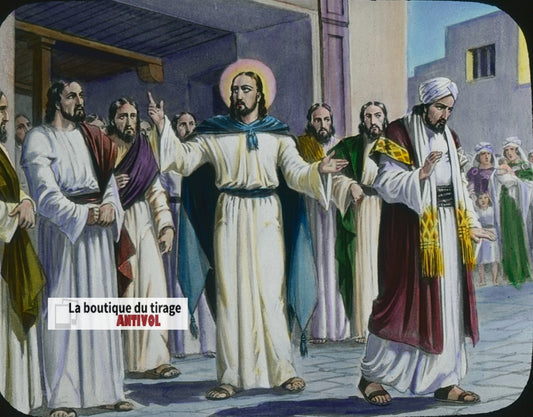 Le danger des richesses, Jésus, dessin, plaque verre ancienne, couleur 8,5x10 cm