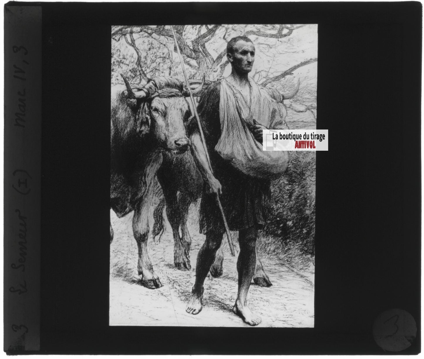 Marc, scène religieuse, dessin peinture plaque de verre, positif 8,5x10 cm