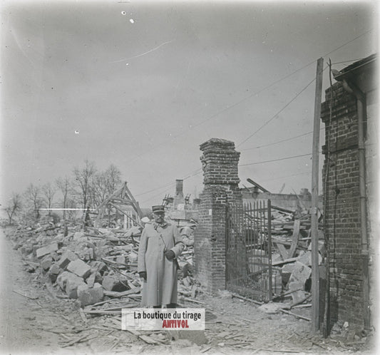 Ruines village, bombardement WW1, plaque verre photo ancienne stéréo 6x13 cm