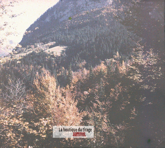 Col du Cucheron montagne, plaque verre, photo ancienne stéréo 6x13 cm Autochrome