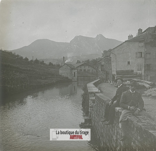 Canal, promeneurs, Vosges, plaque verre stéréo, photo ancienne 4,5x10,7 cm