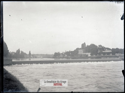La Marne à Joinville-le-Pont, plaque verre, photo ancienne, négatif 9x12 cm