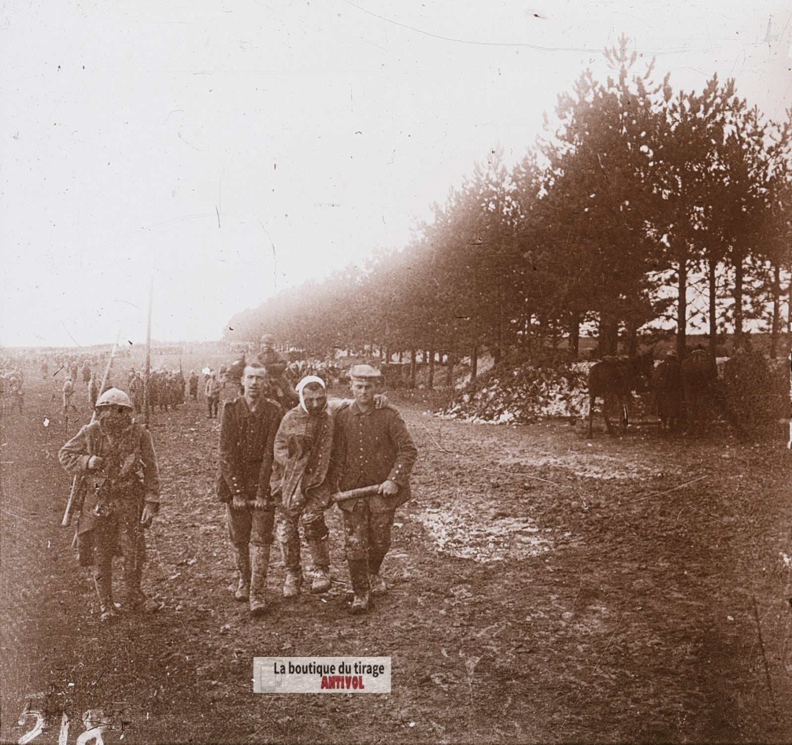 Champagne, prisonniers, guerre WW1, plaque verre photo ancienne stéréo 6x13 cm