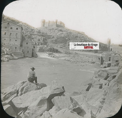 Tolède, Espagne, photo ancienne plaque verre, noir & blanc, positif 8,5x10 cm