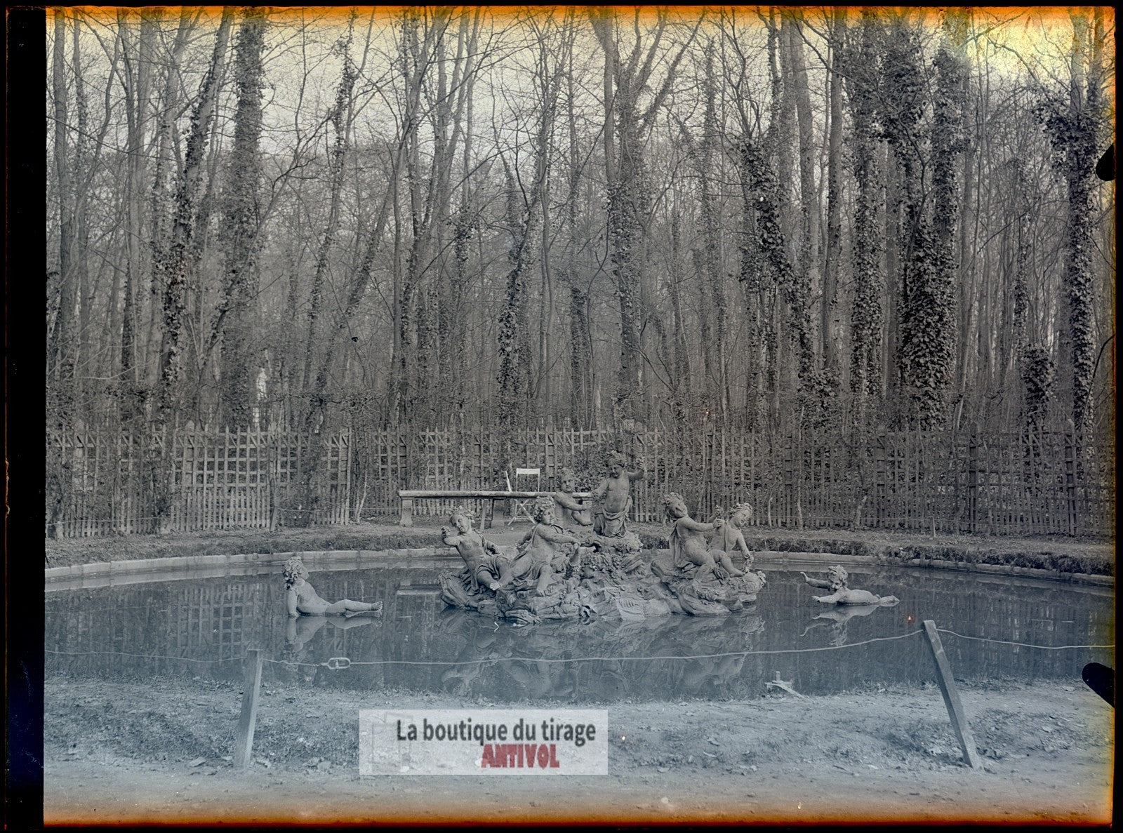 Bassin des Enfants Dorés, plaque verre, photo ancienne, négatif 9x12 cm