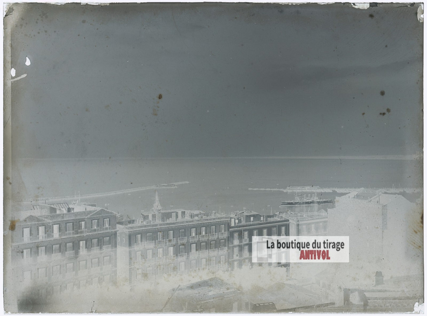 Port méditerranéen, plaque verre photo ancienne, négatif 9x12 cm
