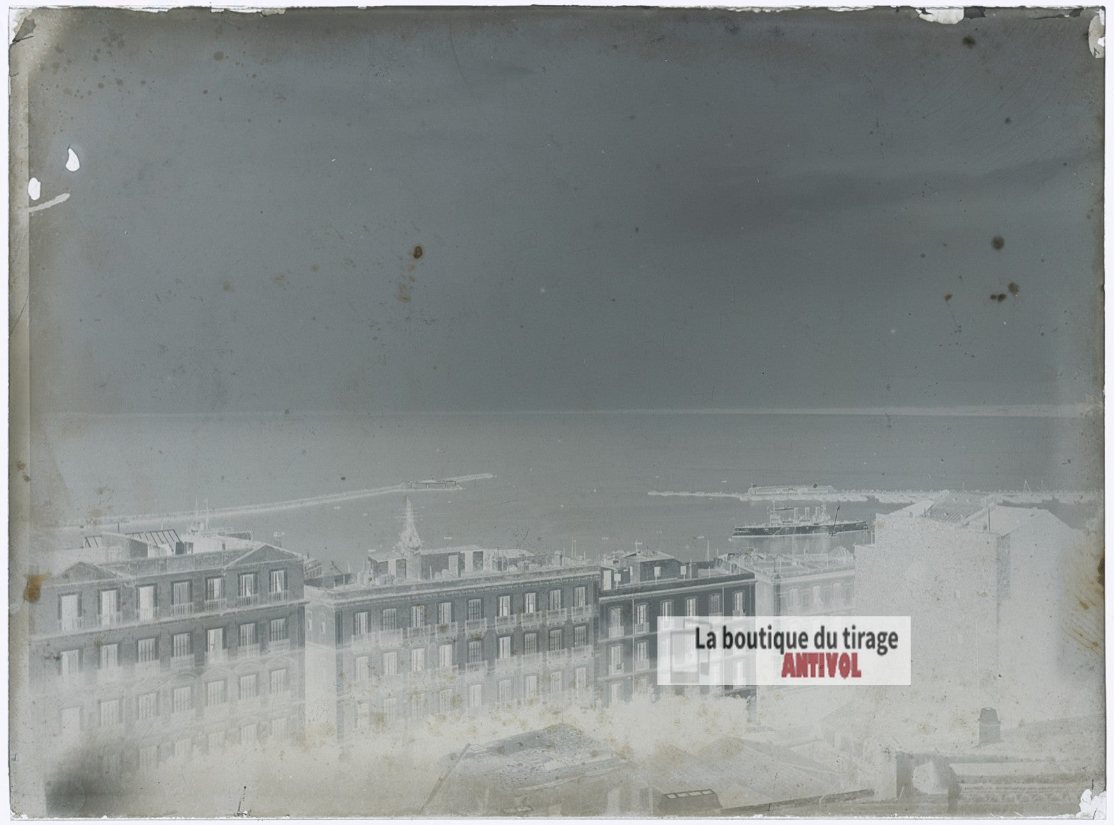 Port méditerranéen, plaque verre photo ancienne, négatif 9x12 cm