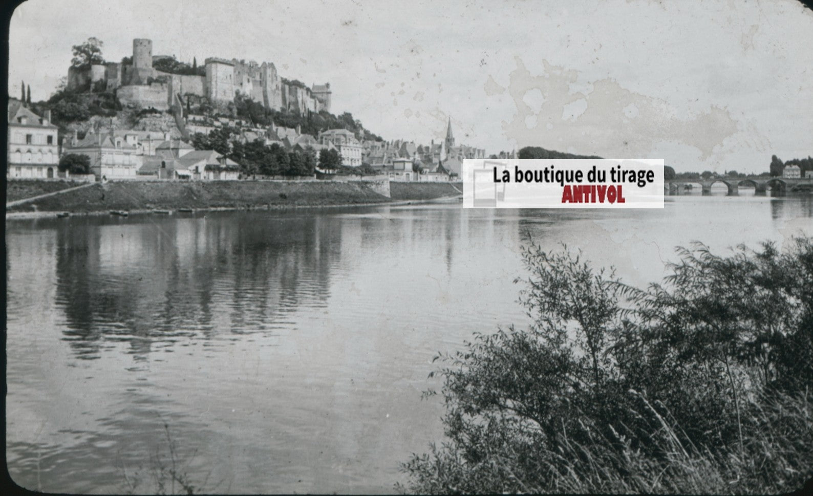Château de Chinon, photo plaque verre, noir & blanc, positif 8,5x10 cm