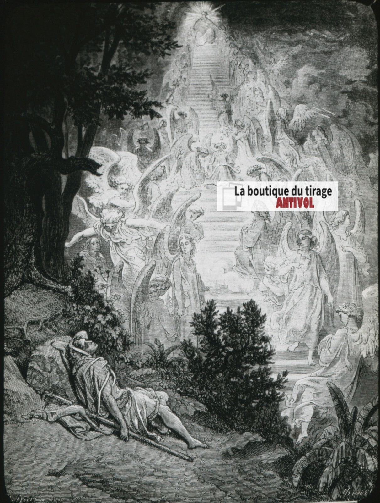 Histoire, Bible Doré, dessin, plaque de verre, noir & blanc, positif 8,5x10 cm