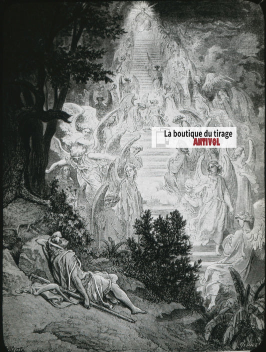 Histoire, Bible Doré, dessin, plaque de verre, noir & blanc, positif 8,5x10 cm