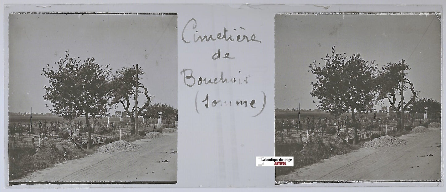 Bouchoir, Cimetière, Plaque verre stéréo positif ancien noir & blanc 4,5x10,7 cm