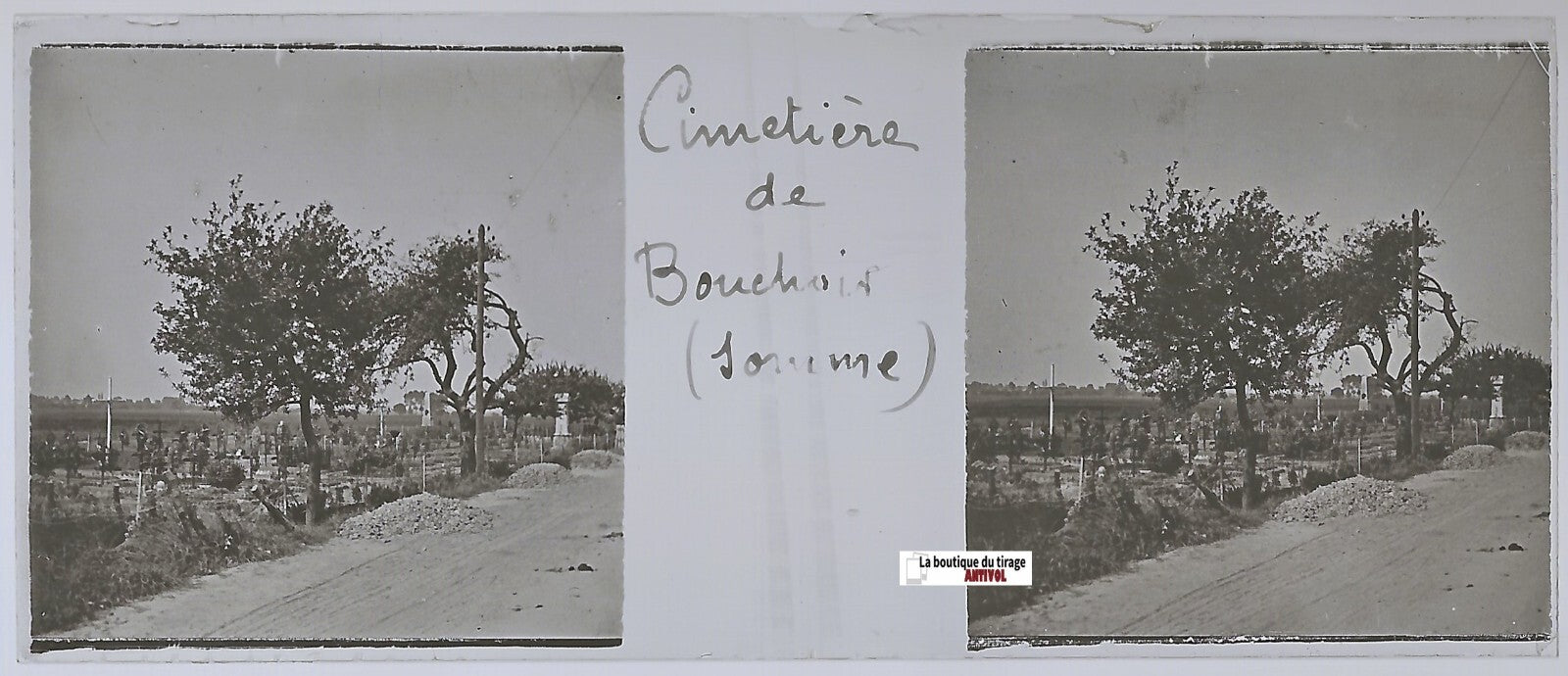 Bouchoir, Cimetière, Plaque verre stéréo positif ancien noir & blanc 4,5x10,7 cm