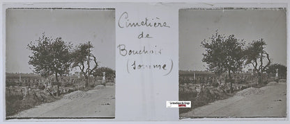 Bouchoir, Cimetière, Plaque verre stéréo positif ancien noir & blanc 4,5x10,7 cm