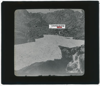 Paysage, montagne glacier, photo plaque verre, noir & blanc, positif 8,5x10 cm