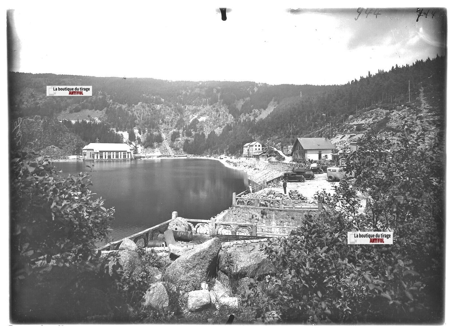 Plaque verre photo ancienne positif noir & blanc 13x18 cm Vosges bus Lac Noir