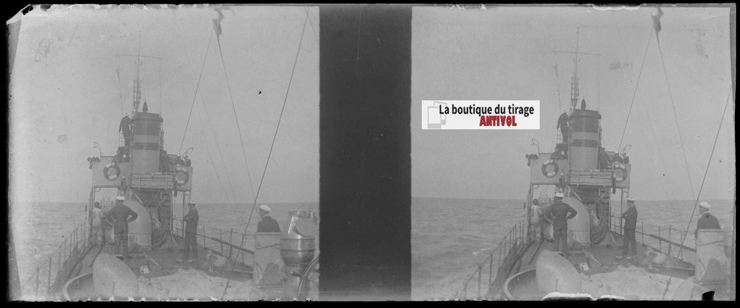 Bateau, marins, Plaque verre stéréoscopie, négatif noir & blanc 4,5x10,7 cm