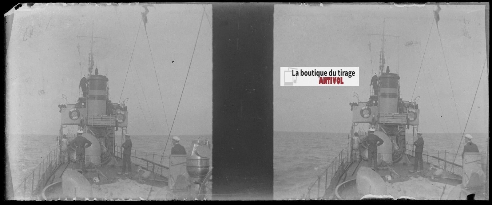 Bateau, marins, Plaque verre stéréoscopie, négatif noir & blanc 4,5x10,7 cm