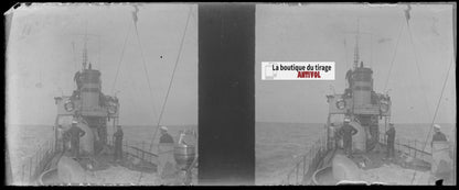 Bateau, marins, Plaque verre stéréoscopie, négatif noir & blanc 4,5x10,7 cm