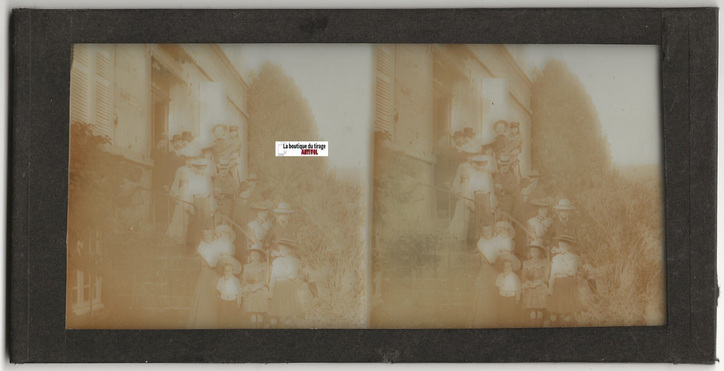 Famille France, Plaque verre photo ancienne, stéréo positif noir & blanc 9x18 cm