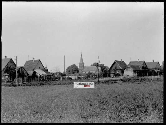 Plaque verre photo ancienne négatif noir et blanc 13x18 cm maison village Alsace